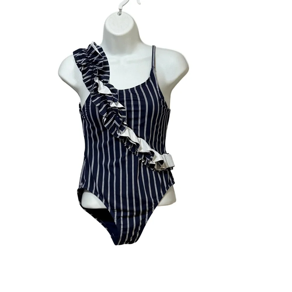 Habitual Girl Navy White Striped Ruffle One Piece Swimsuit Girls Size 14